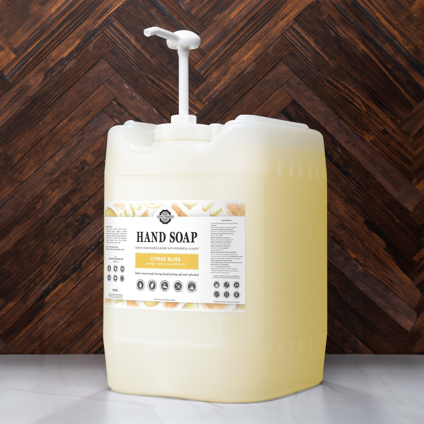 Rustic Strength Citrus Bliss Hand Soap in a 16 oz bottle with a bright citrus scent and natural ingredients.