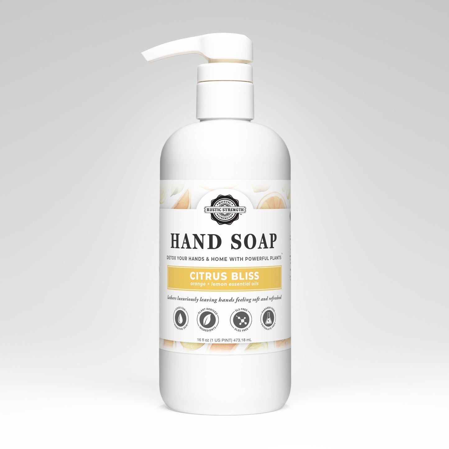 Rustic Strength Citrus Bliss Hand Soap in a 16 oz bottle with a bright citrus scent and fresh, natural ingredients.
