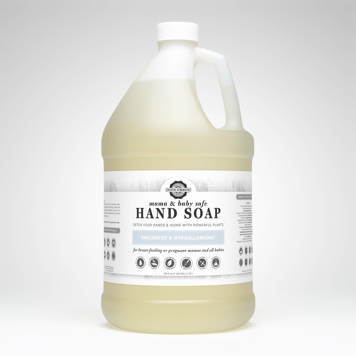 Rustic Strength hand soap in a 16 oz bottle, safe for mama and baby, with gentle, natural ingredients for clean hands.