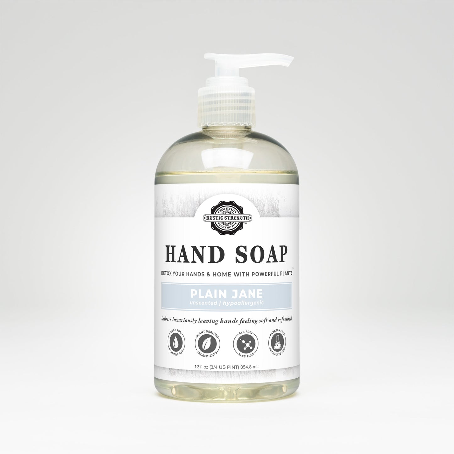 Rustic Strength Plain Jane hand soap in a 16 oz bottle, featuring a simple, clean design and clear label for easy identification.