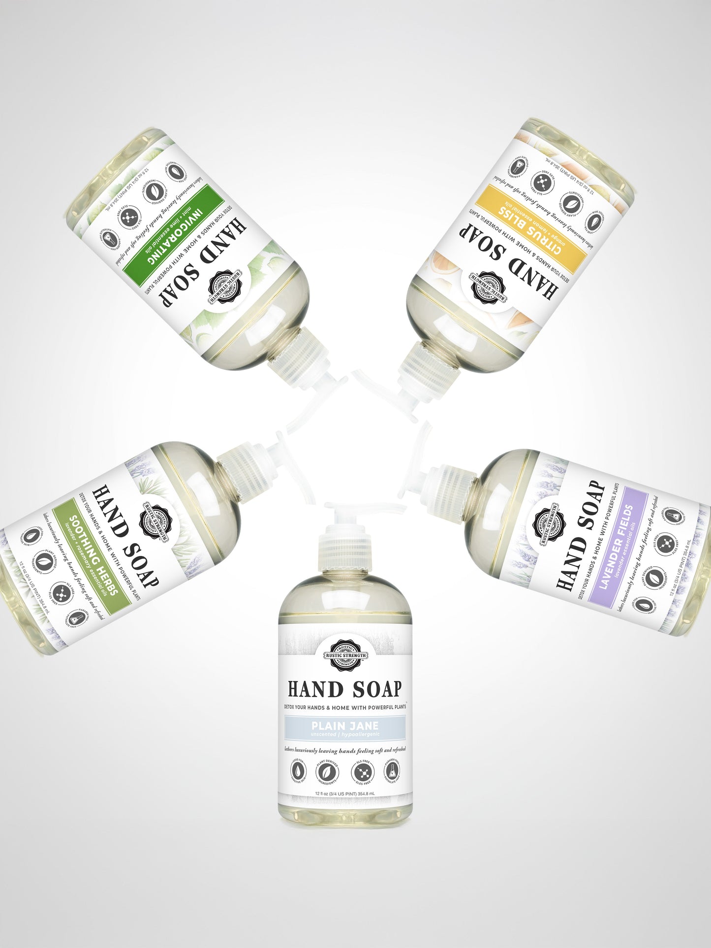Rustic Strength Plain Jane hand soap in a 16 oz pump bottle, featuring a simple, natural design with clear liquid soap visible.