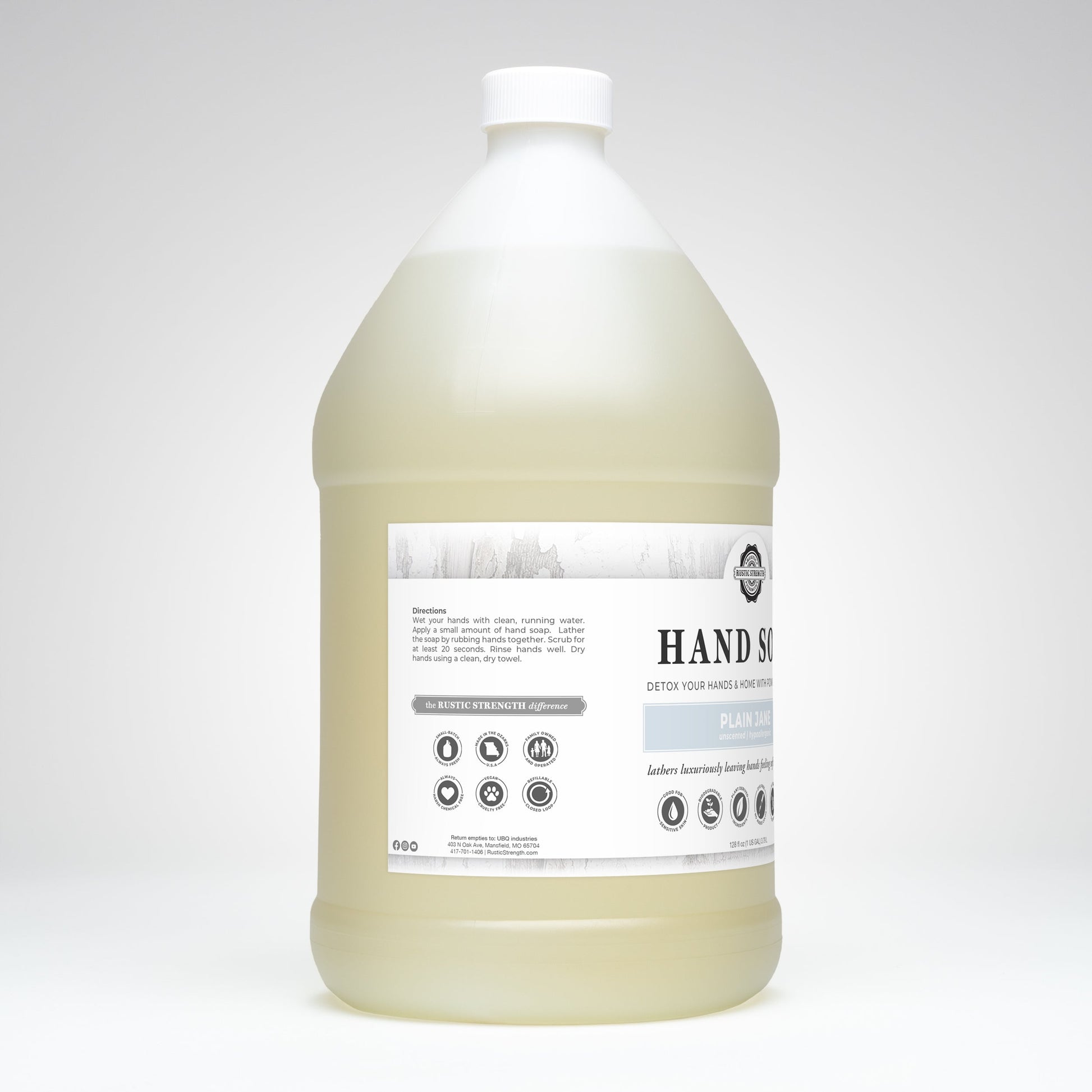 Rustic Strength Plain Jane hand soap in a 16 oz pump bottle with simple, clean design and clear label for everyday use.
