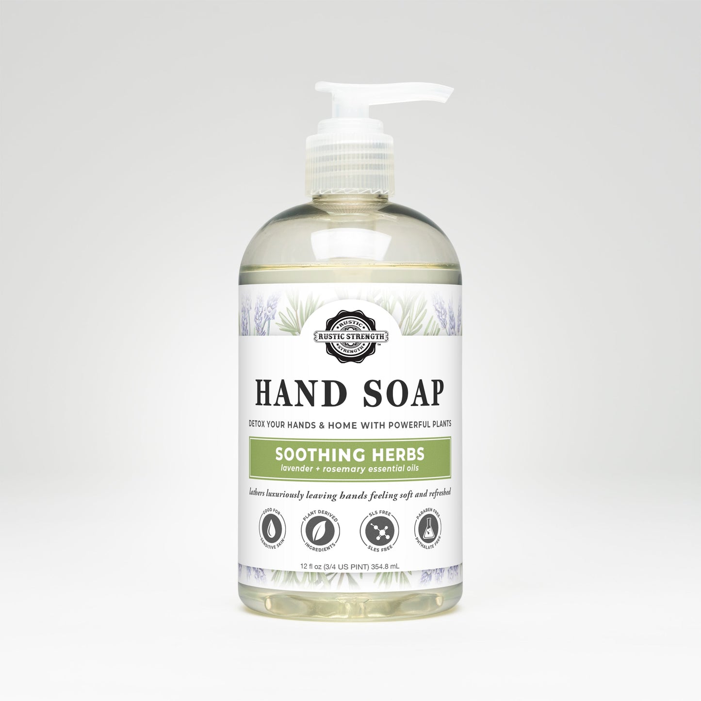 Rustic Strength soothing herbs hand soap in a 16 oz bottle, featuring natural herbal ingredients for gentle cleansing.