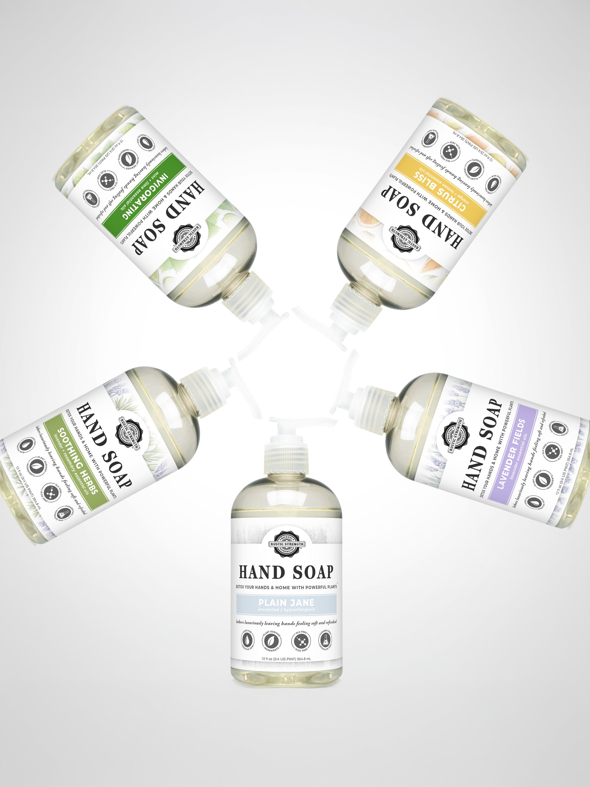 Rustic Strength soothing herbs hand soap in a 16 oz bottle with natural herbal ingredients and gentle cleansing properties.
