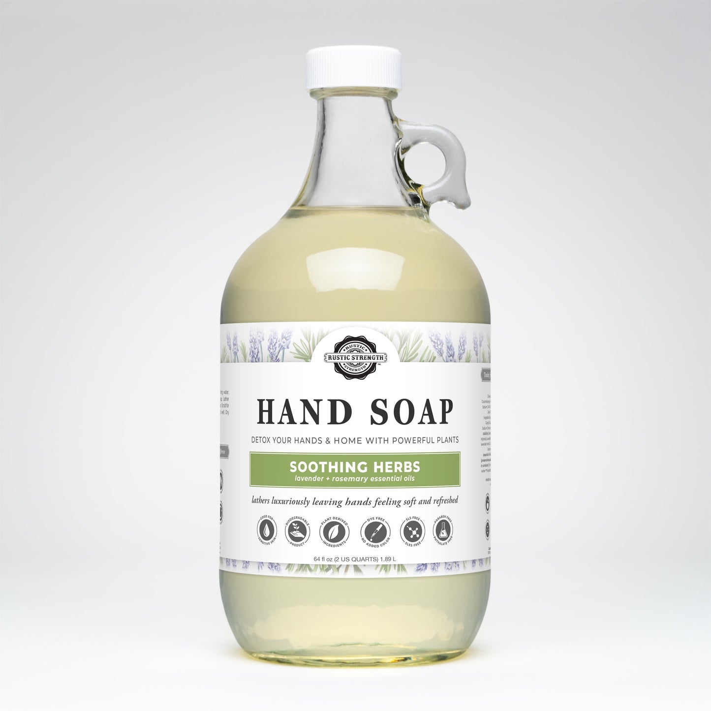 Rustic Strength soothing herbs hand soap in a 16 oz bottle, featuring natural herbal ingredients and a gentle cleansing formula.