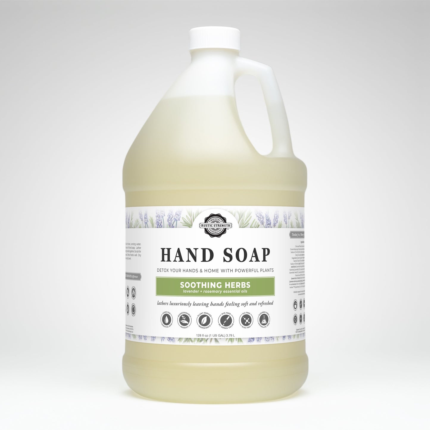 Rustic Strength soothing herbs hand soap in a 16 oz bottle with natural herbal ingredients and gentle cleansing formulation.