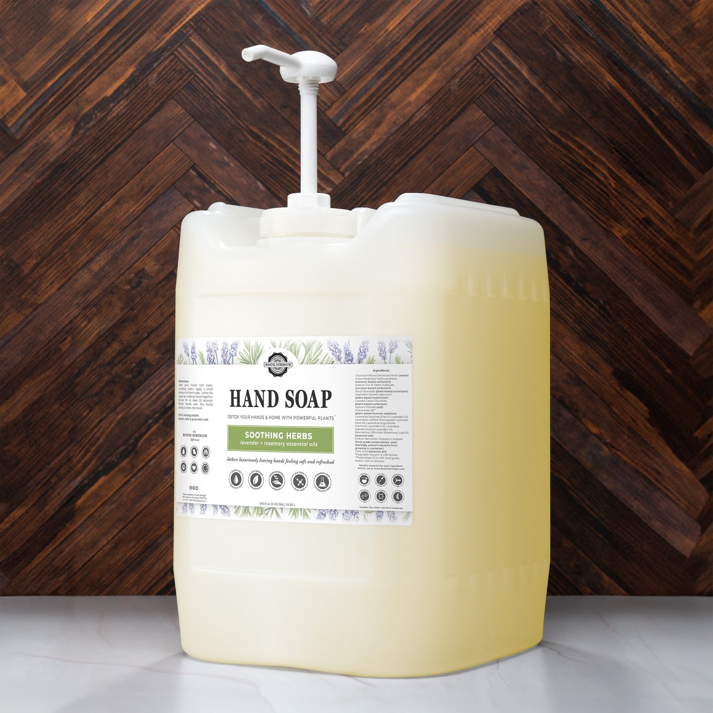 Rustic Strength soothing herbs hand soap in a 16 oz bottle, featuring a natural herbal scent and gentle cleansing formula.