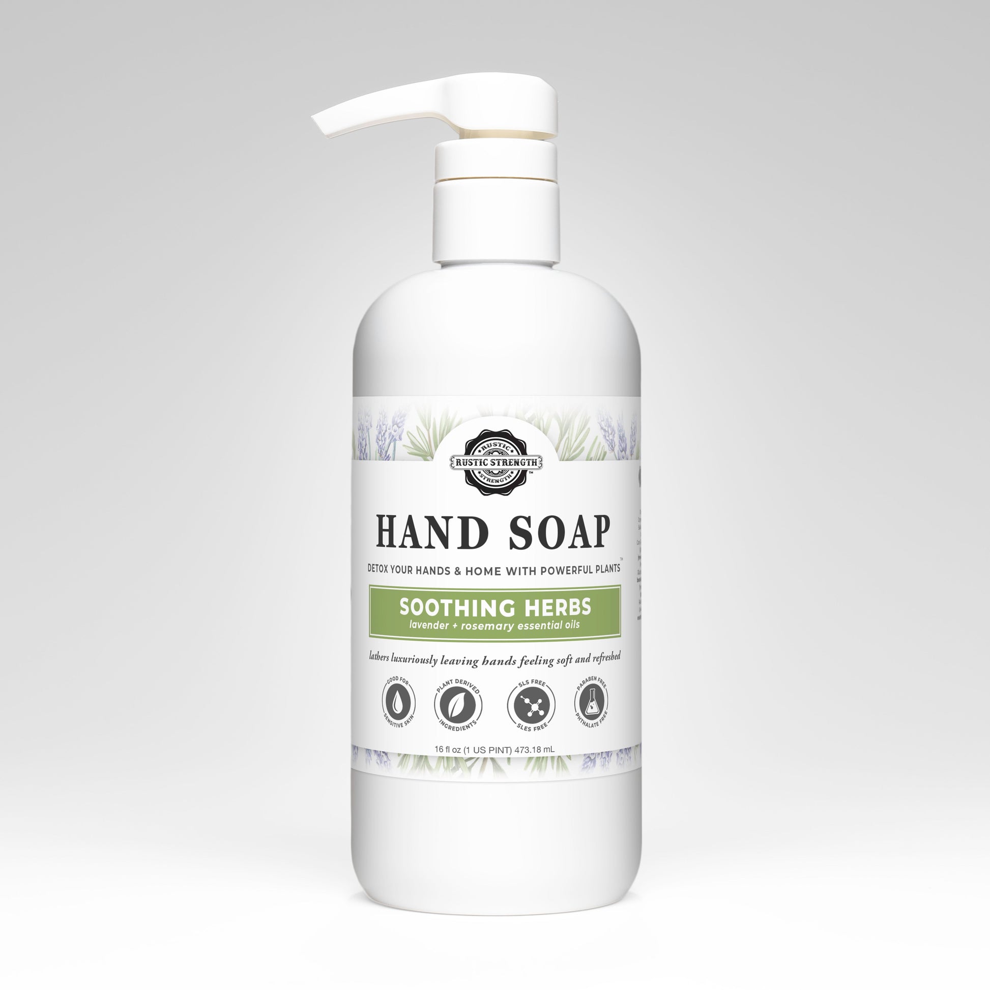 Rustic Strength soothing herbs hand soap in a 16 oz bottle with natural herbal ingredients and a clear label.