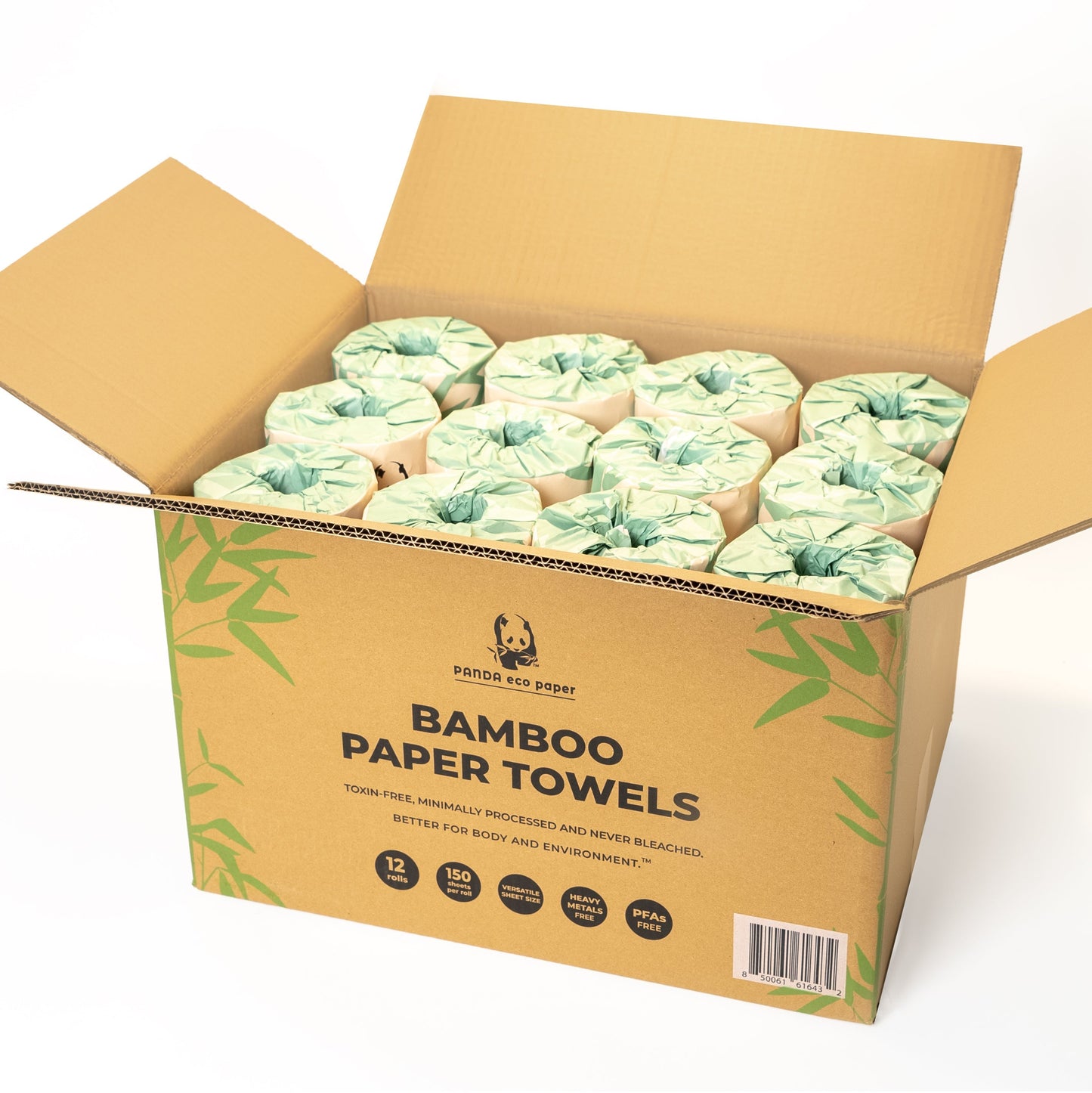 Rustic Strength Panda Eco Paper bamboo paper towels, 12-roll pack, eco-friendly household paper towels for cleaning and kitchen use.