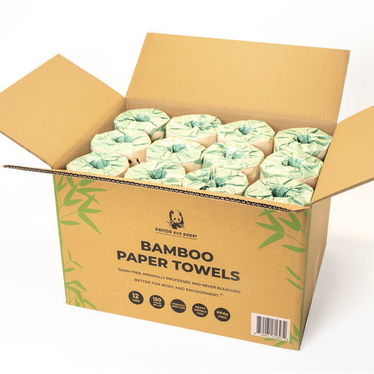Rustic Strength Panda Eco Paper Bamboo Paper Towels, 12-roll pack, soft and absorbent for eco-friendly home and kitchen use.
