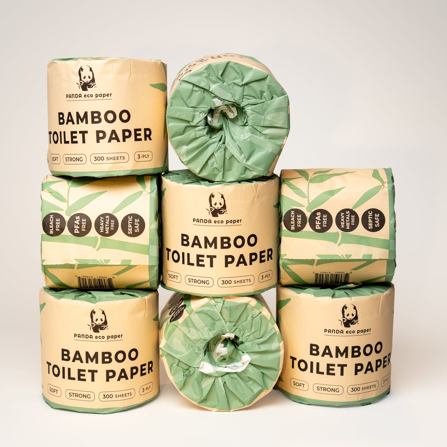 Rustic Strength Panda Eco Paper bamboo toilet paper rolls, soft and eco-friendly for sustainable home and garden use.