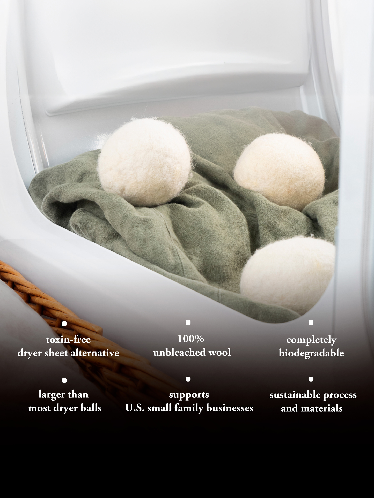 Three jumbo wool dryer balls from Rustic Strength in a 3-pack, used for eco-friendly laundry and fabric softening.