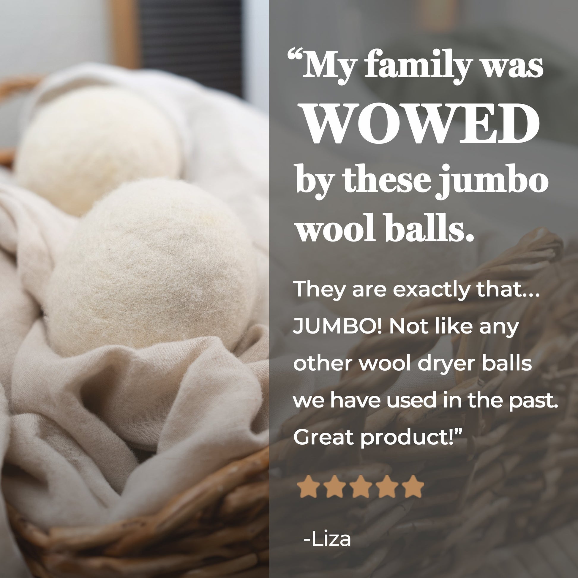 Three Rustic Strength jumbo wool dryer balls in a pack, made for eco-friendly laundry and fabric softening in home and garden use.