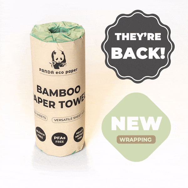 Rustic Strength Panda Eco Paper bamboo paper towels sample, natural and eco-friendly bamboo fiber kitchen paper in a home and garden setting.