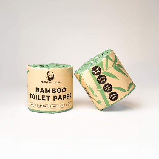 Rustic Strength Panda Eco Paper bamboo toilet paper sample, soft biodegradable toilet tissue made from bamboo fibers.