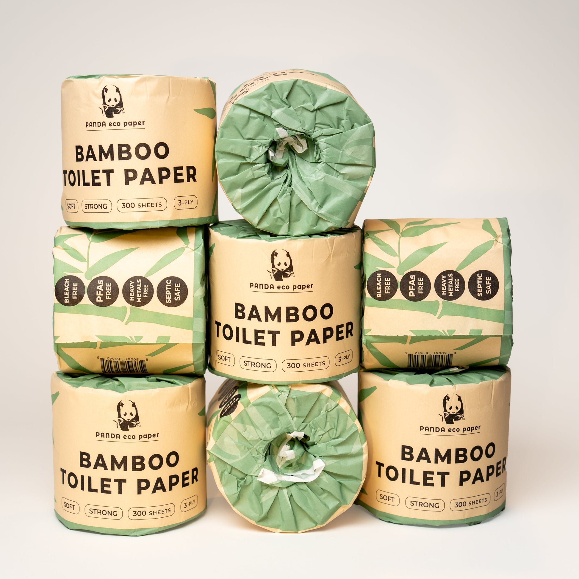 Rustic Strength Panda Eco Paper bamboo toilet paper sample, soft eco-friendly tissue rolls for sustainable home use.