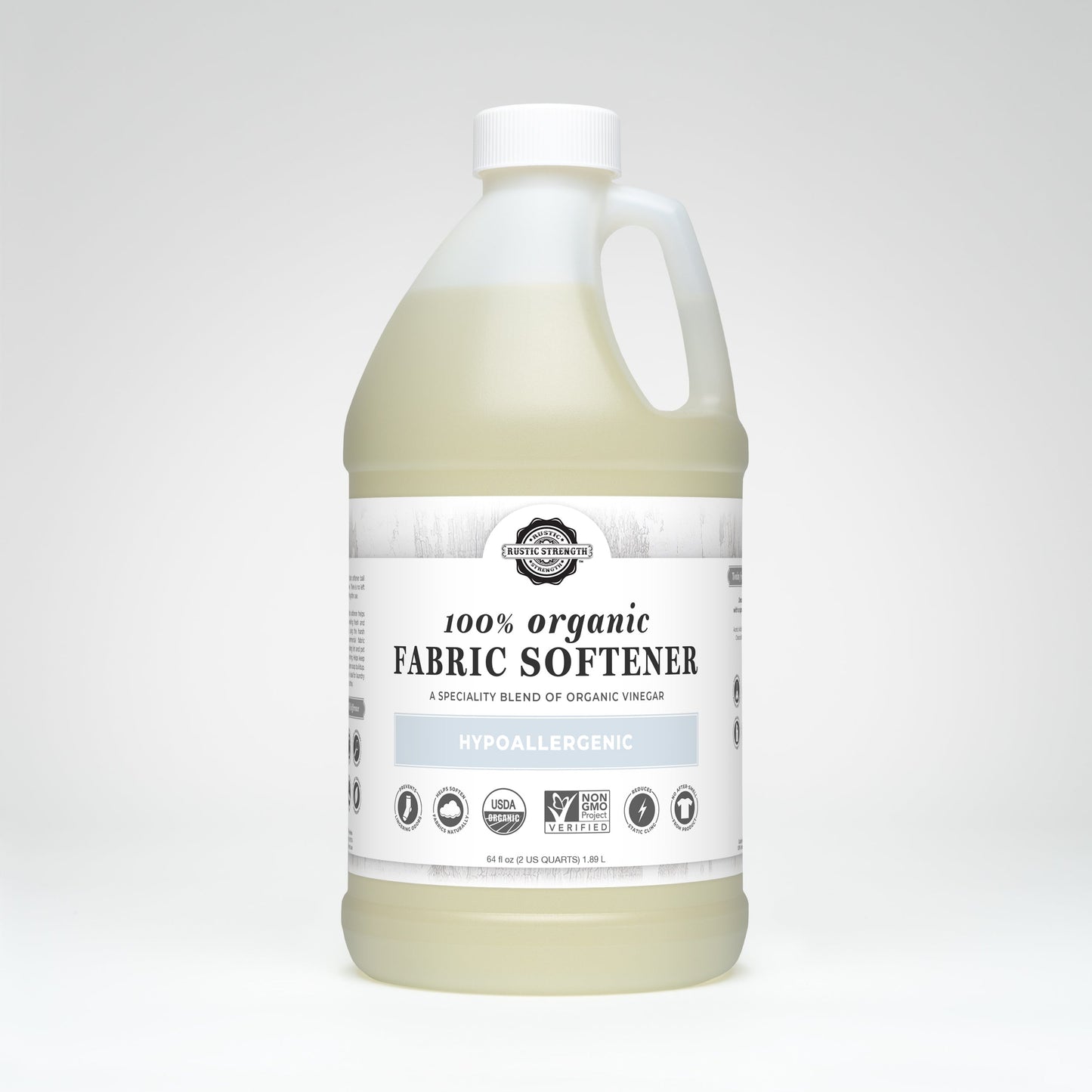 Rustic Strength Organic Fabric Softener in a 24 oz glass bottle, used for laundry to soften and freshen clothes naturally.