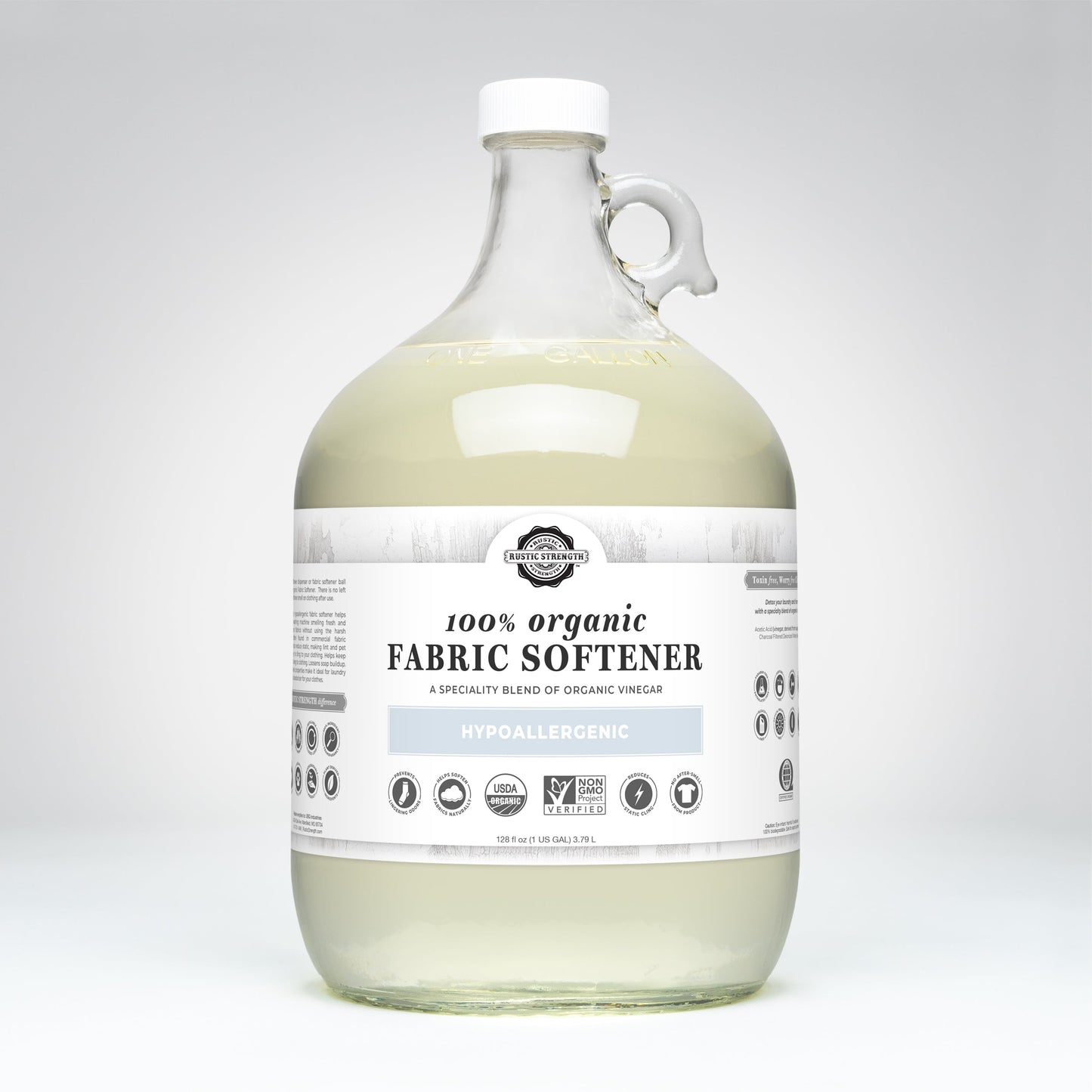 Rustic Strength Organic Fabric Softener in a 24 oz glass bottle, laundry product with gentle, eco-friendly softening properties