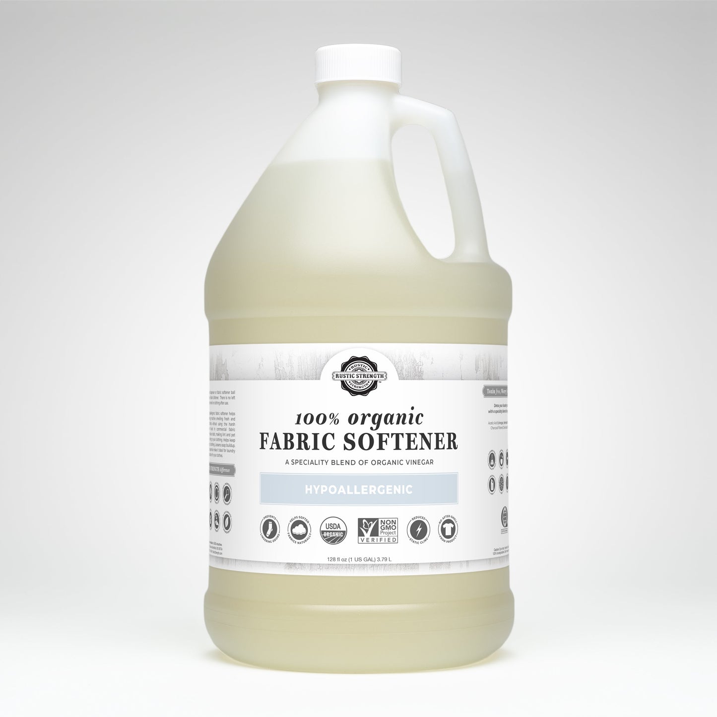 Rustic Strength Organic Fabric Softener in a 24 oz glass bottle, ideal for softening laundry naturally with eco-friendly ingredients.