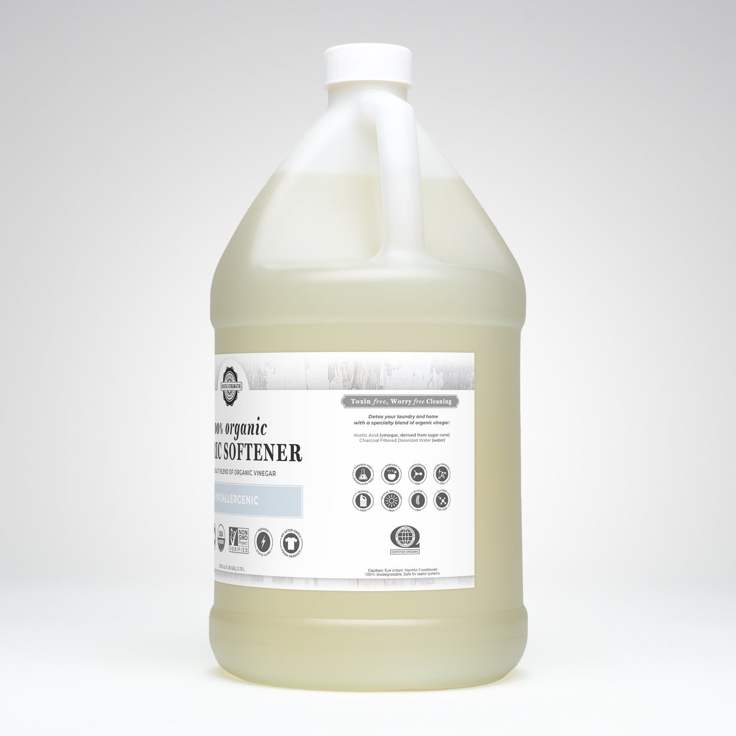 Rustic Strength Organic Fabric Softener in a 24 oz glass bottle, used for laundry to soften clothes naturally.