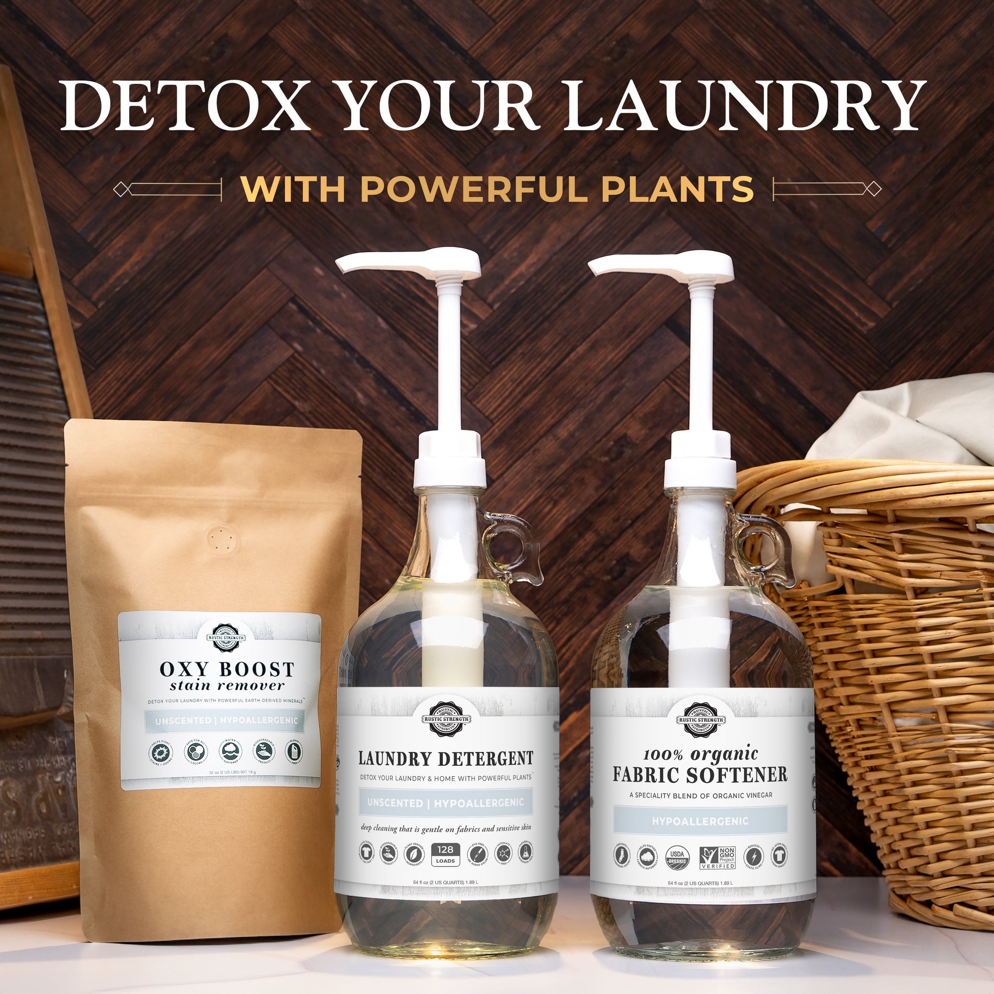 Rustic Strength Oxy Boost Laundry Stain Remover in a 2 lb container, designed to boost cleaning power for tough stains.