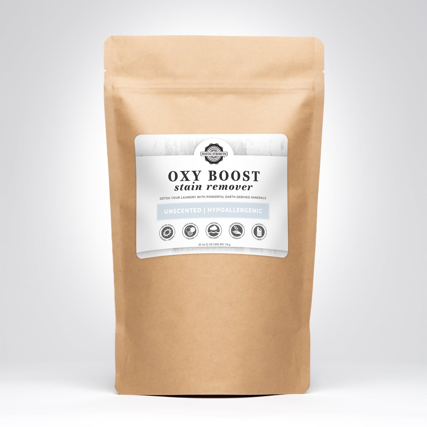 Rustic Strength Oxy Boost Laundry Stain Remover in a 2-pound container, designed to enhance cleaning and remove tough stains.