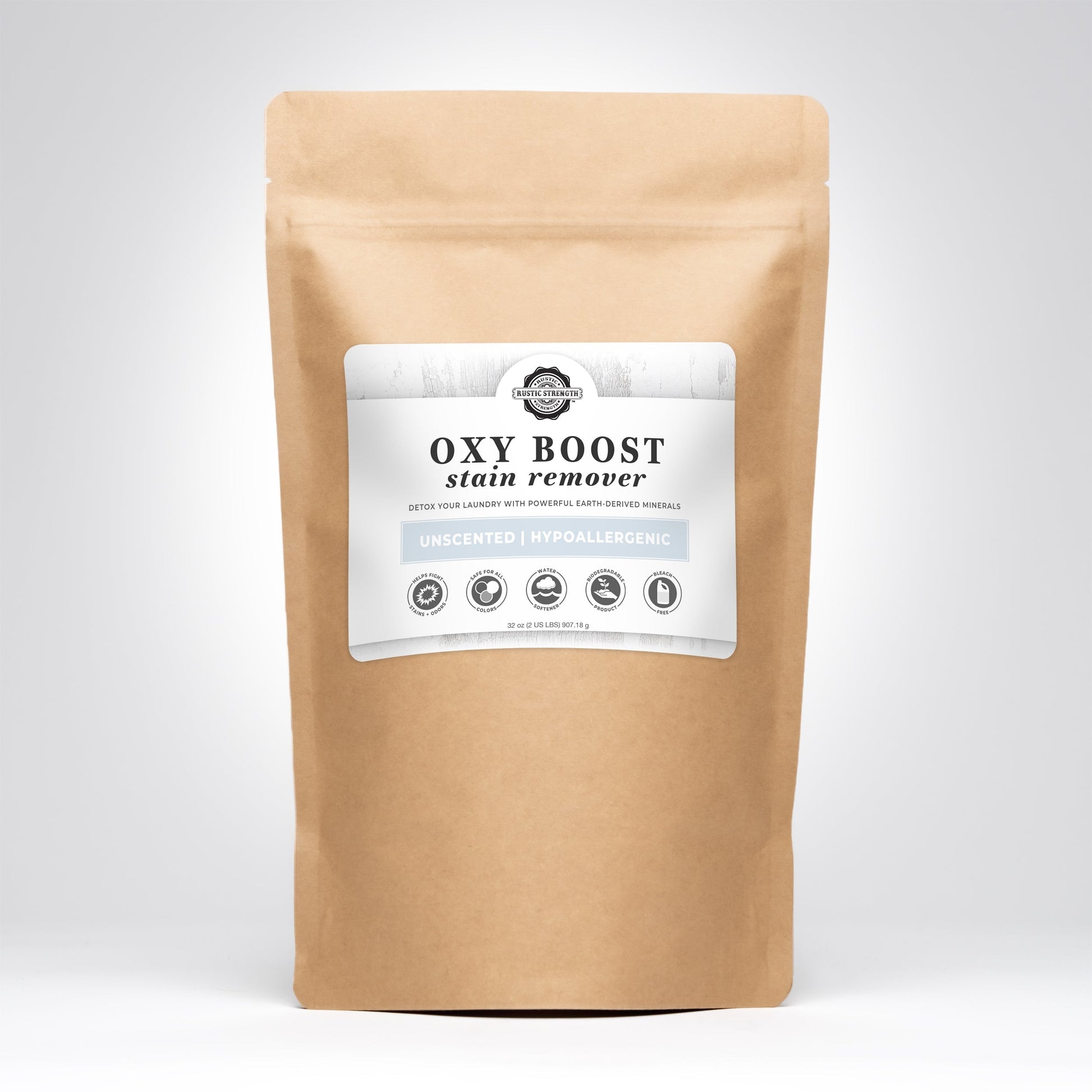 Rustic Strength Oxy Boost Laundry Stain Remover in a 2-pound container, designed to enhance cleaning and remove tough stains.