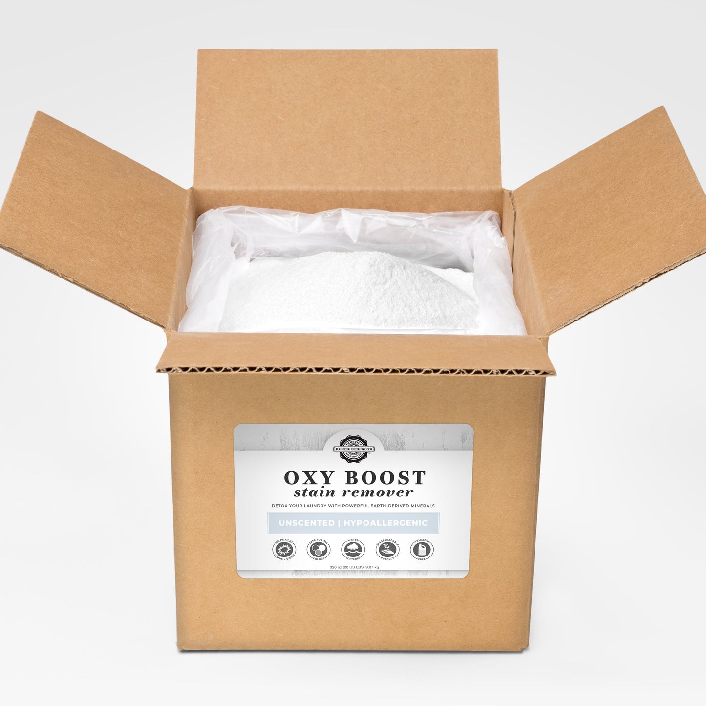 Rustic Strength Oxy Boost Stain Remover in a 2 lb container, laundry boost for removing tough stains from clothing.