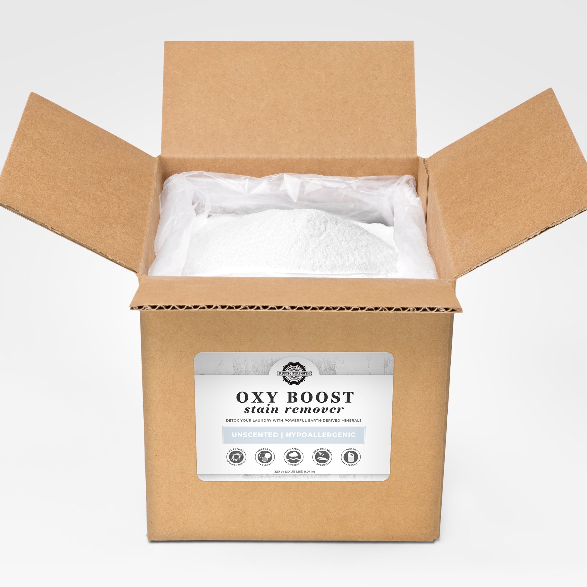 Rustic Strength Oxy Boost Stain Remover in a 2 lb container, laundry boost for removing tough stains from clothing.
