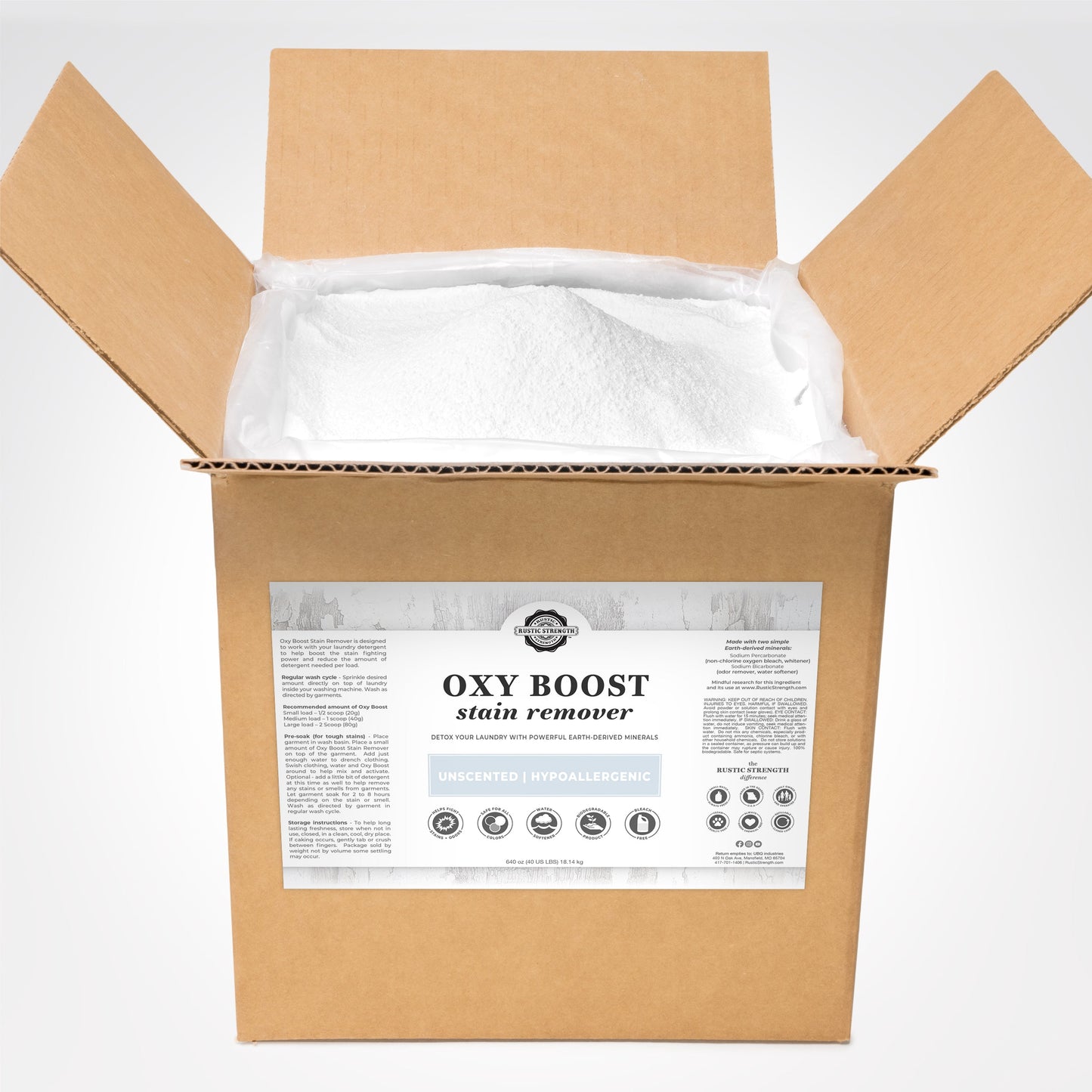 Rustic Strength Oxy Boost Laundry Stain Remover in a 2 lb container, designed to enhance stain removal in laundry.