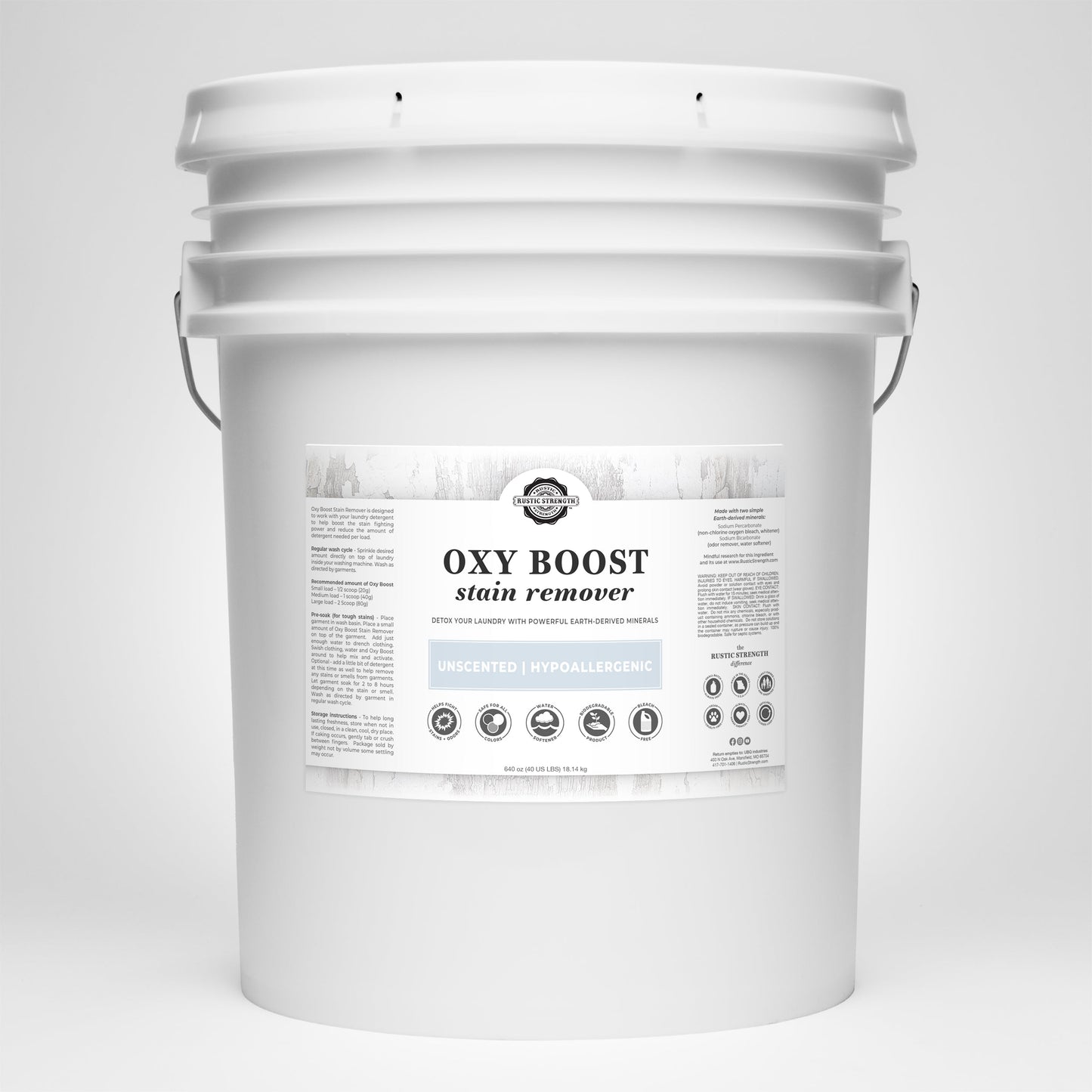 Rustic Strength Oxy Boost Laundry Stain Remover in a 2 lb container, designed to enhance stain removal in laundry.