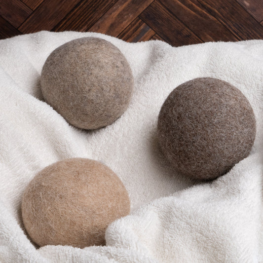 Rustic Strength Alpaca Dryer Balls 3-pack for laundry, natural wool balls to reduce drying time and soften clothes.