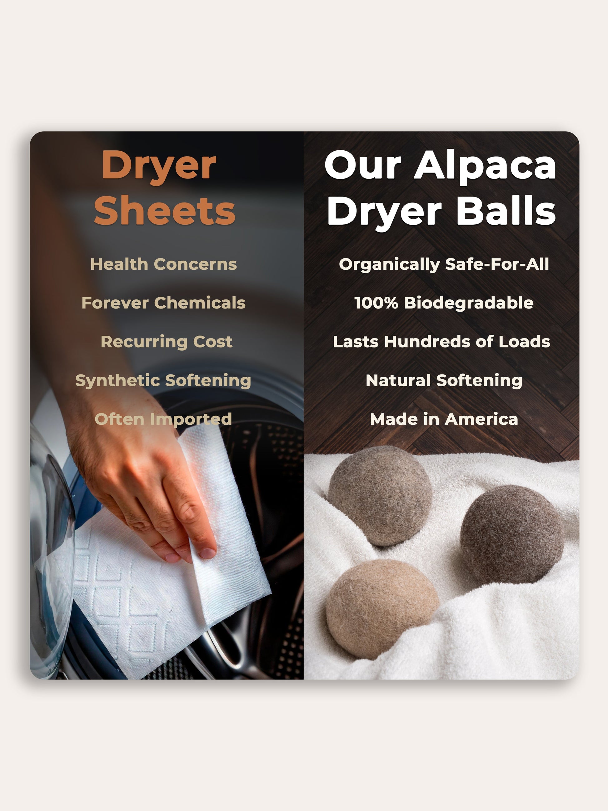 Rustic Strength Alpaca Dryer Balls 3-pack for laundry, natural wool dryer balls for softening clothes and reducing drying time.