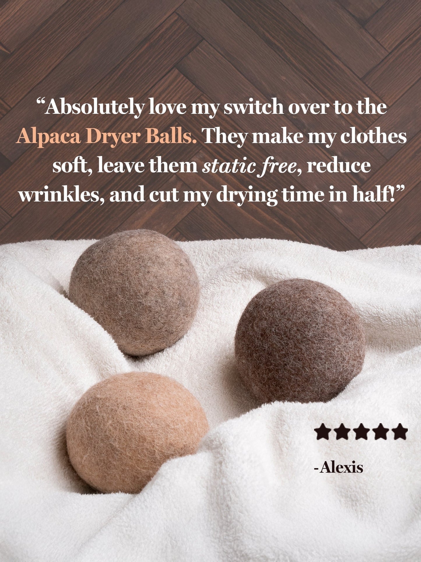 Rustic Strength Alpaca Dryer Balls 3-pack for laundry, natural wool dryer balls for softening and reducing drying time.