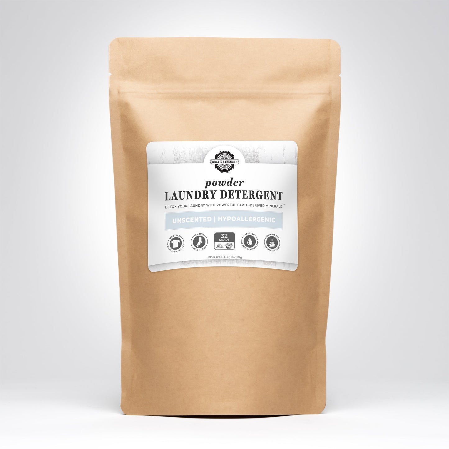 Rustic Strength powder laundry detergent in a 2-pound bag, natural laundry detergent for fresh, clean clothes.