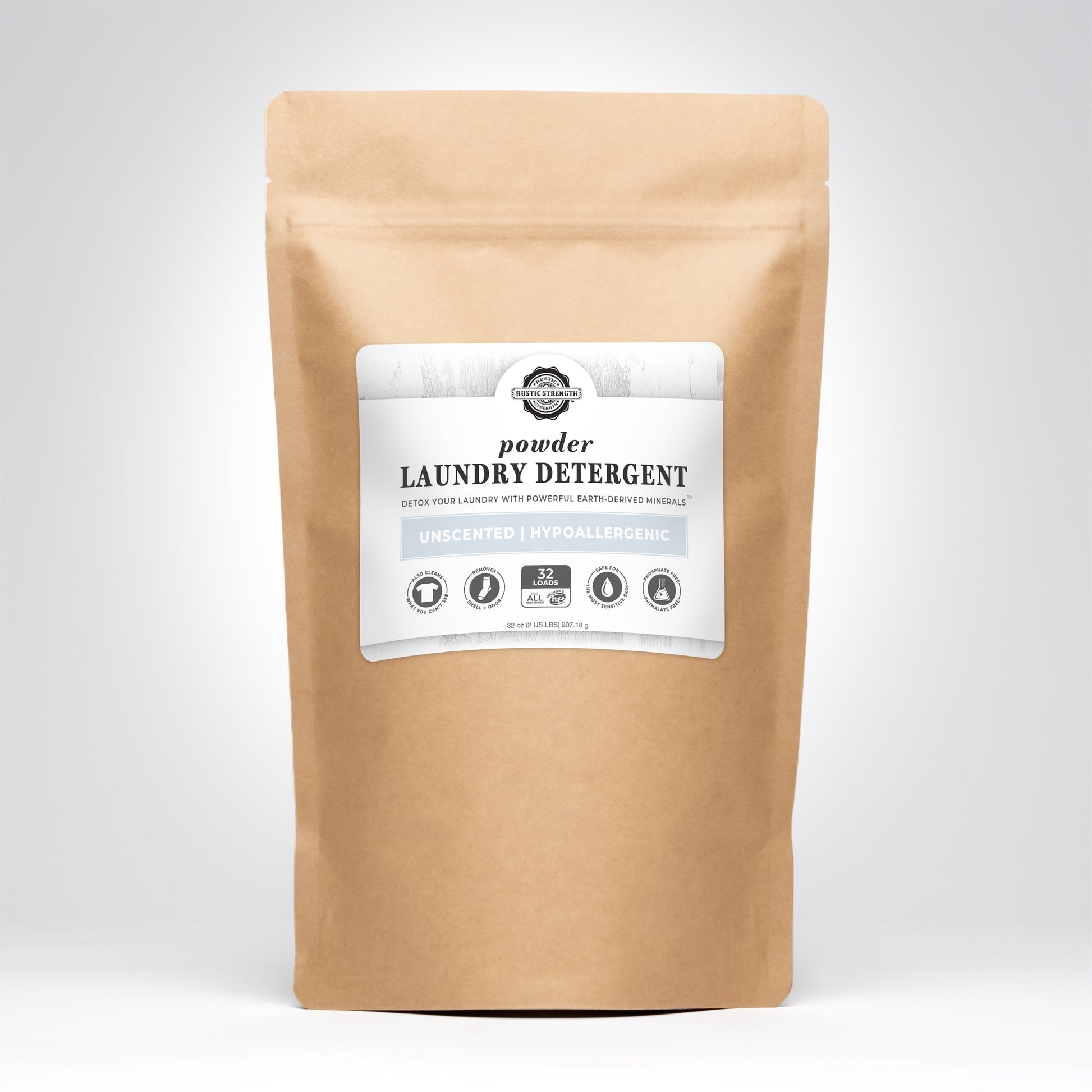 Rustic Strength powder laundry detergent in a 2-pound bag, natural laundry detergent for fresh, clean clothes.