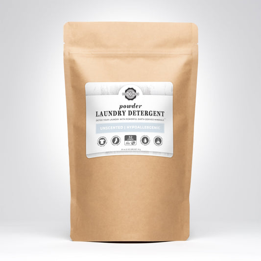 Rustic Strength powder laundry detergent in a 2-pound bag, natural laundry detergent for fresh, clean clothes.