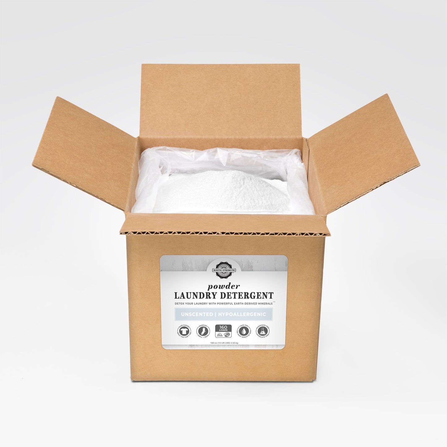 Rustic Strength Powder Laundry Detergent in a 2-pound box, showing the label and packaging of the laundry detergent.