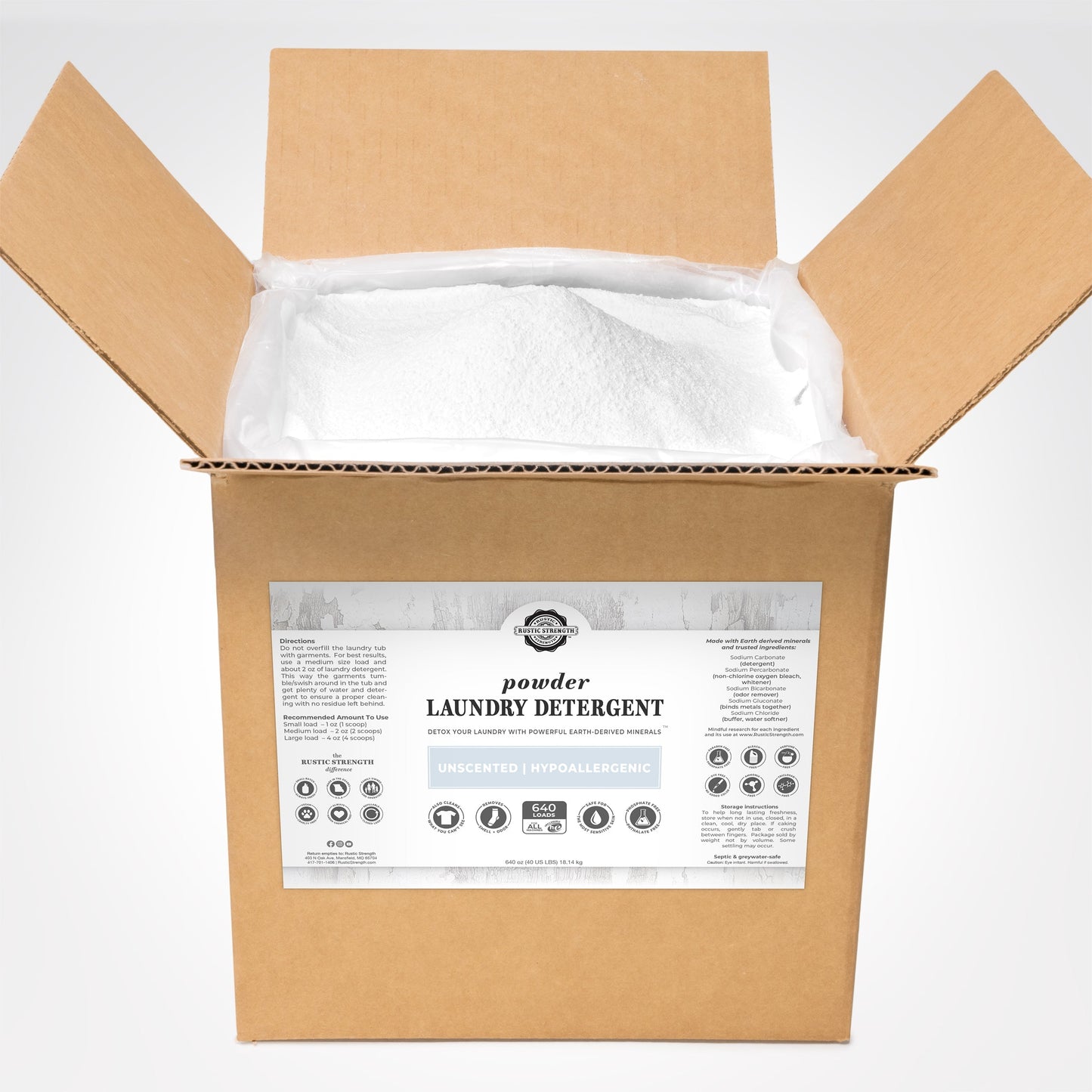 Rustic Strength powder laundry detergent in a 2 lb bag, natural cleaning product for fresh, spotless clothes and laundry.