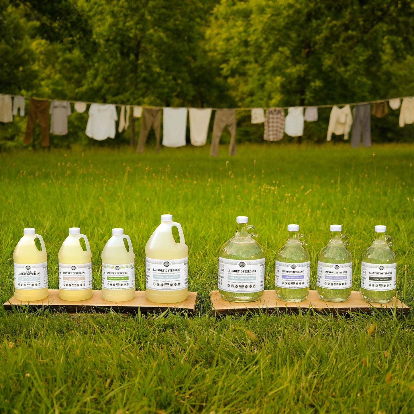 Rustic Strength Fresh Linen laundry detergent in a 24 oz glass bottle, showcasing the product label and clean design.