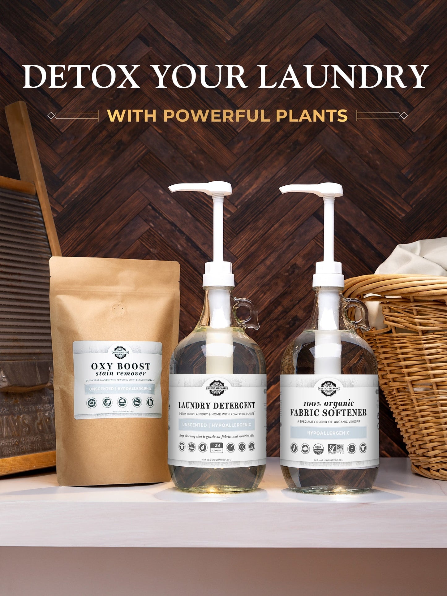Rustic Strength Fresh Linen laundry detergent in a 24 oz glass bottle, showcasing the clear detergent and label.