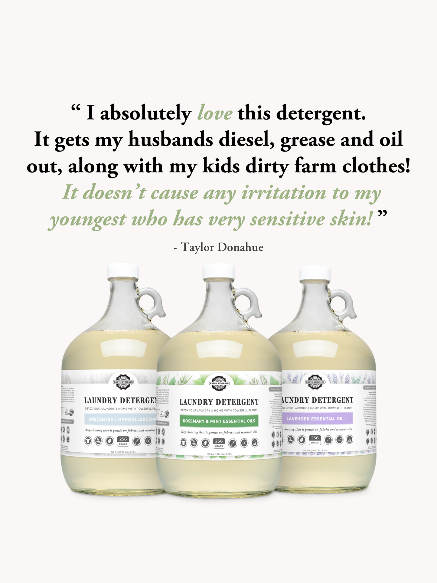 Rustic Strength Fresh Linen laundry detergent in a 24 oz glass bottle, showcasing the product's label and packaging.