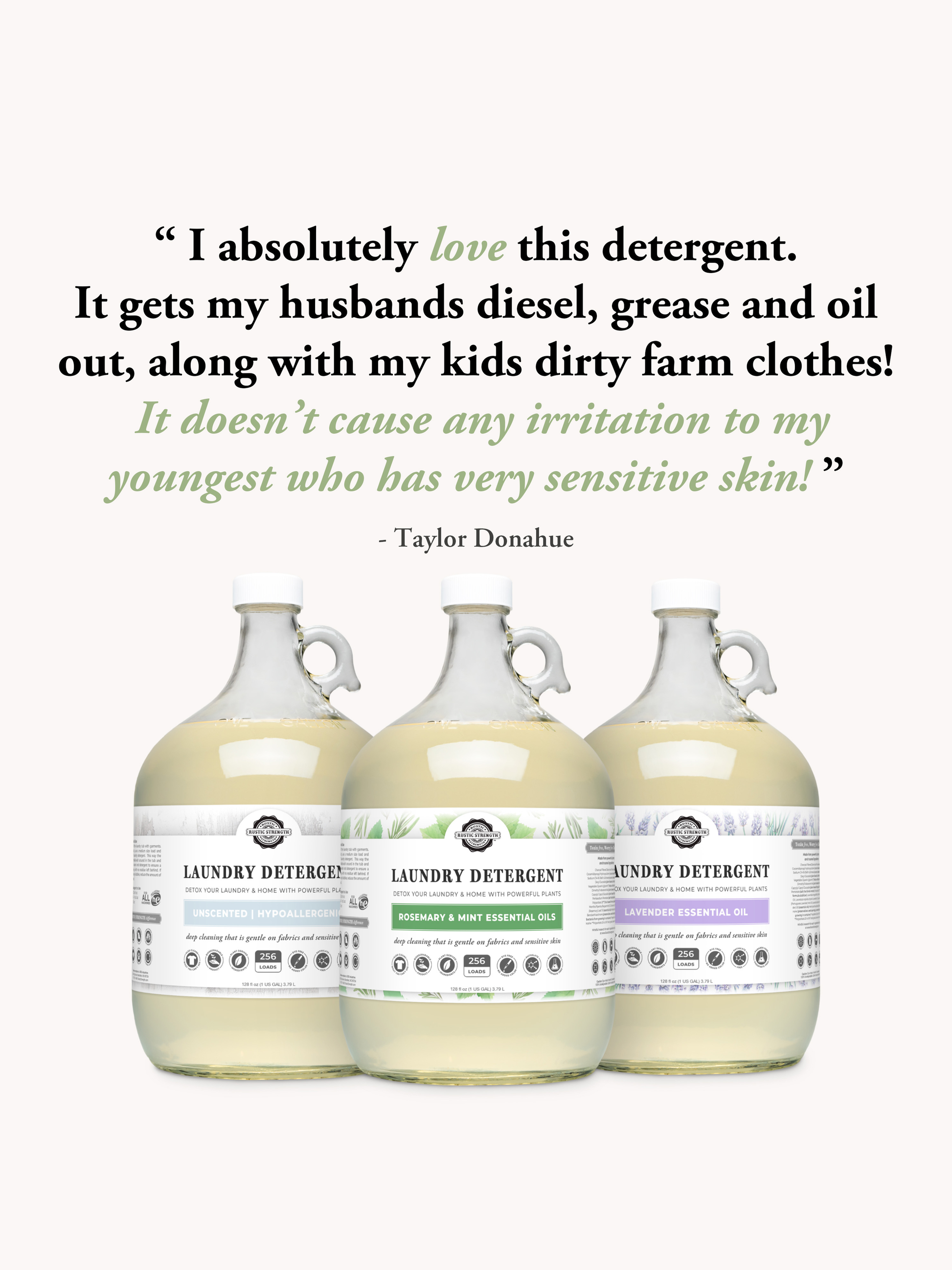 Rustic Strength Fresh Linen laundry detergent in a 24 oz glass bottle, showcasing the product's label and packaging.