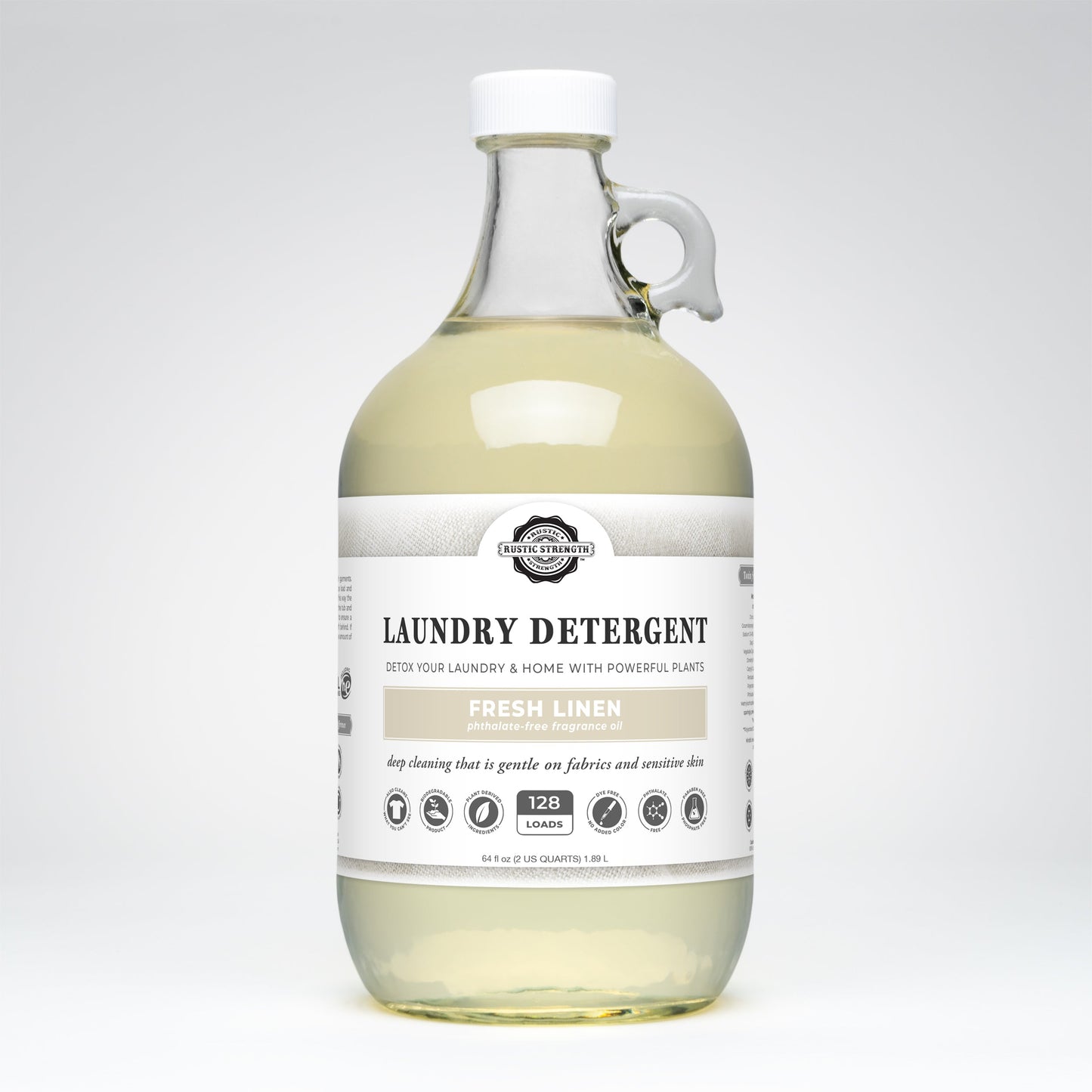 Rustic Strength Fresh Linen laundry detergent in a 24 oz glass bottle, showcasing the product with a clean, fresh scent.