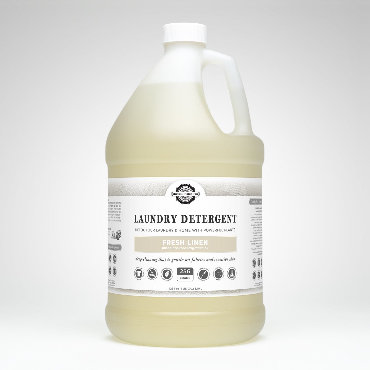 Rustic Strength Fresh Linen laundry detergent in a 24 oz glass bottle, showcasing the product label and packaging.