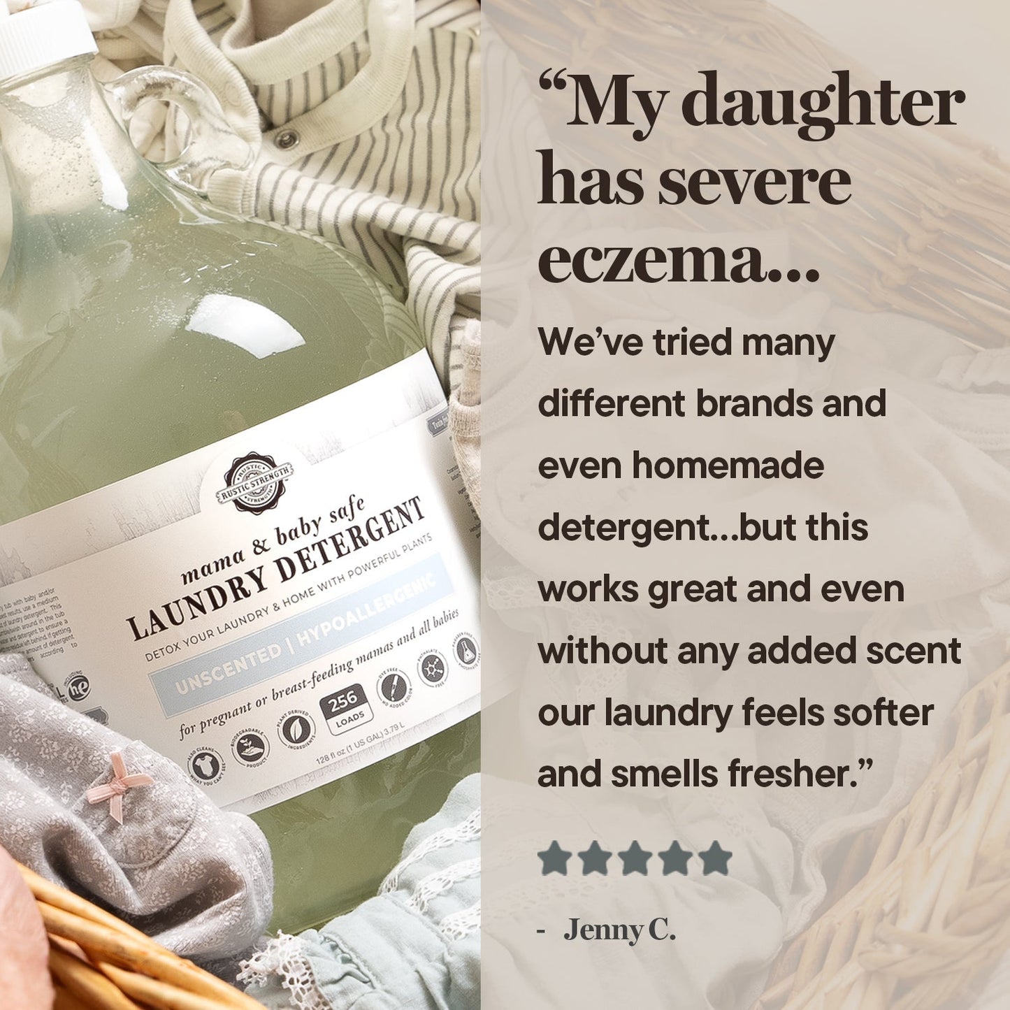 Rustic Strength laundry detergent in 24 oz glass bottle, safe for mama and baby, gentle and effective for sensitive skin.