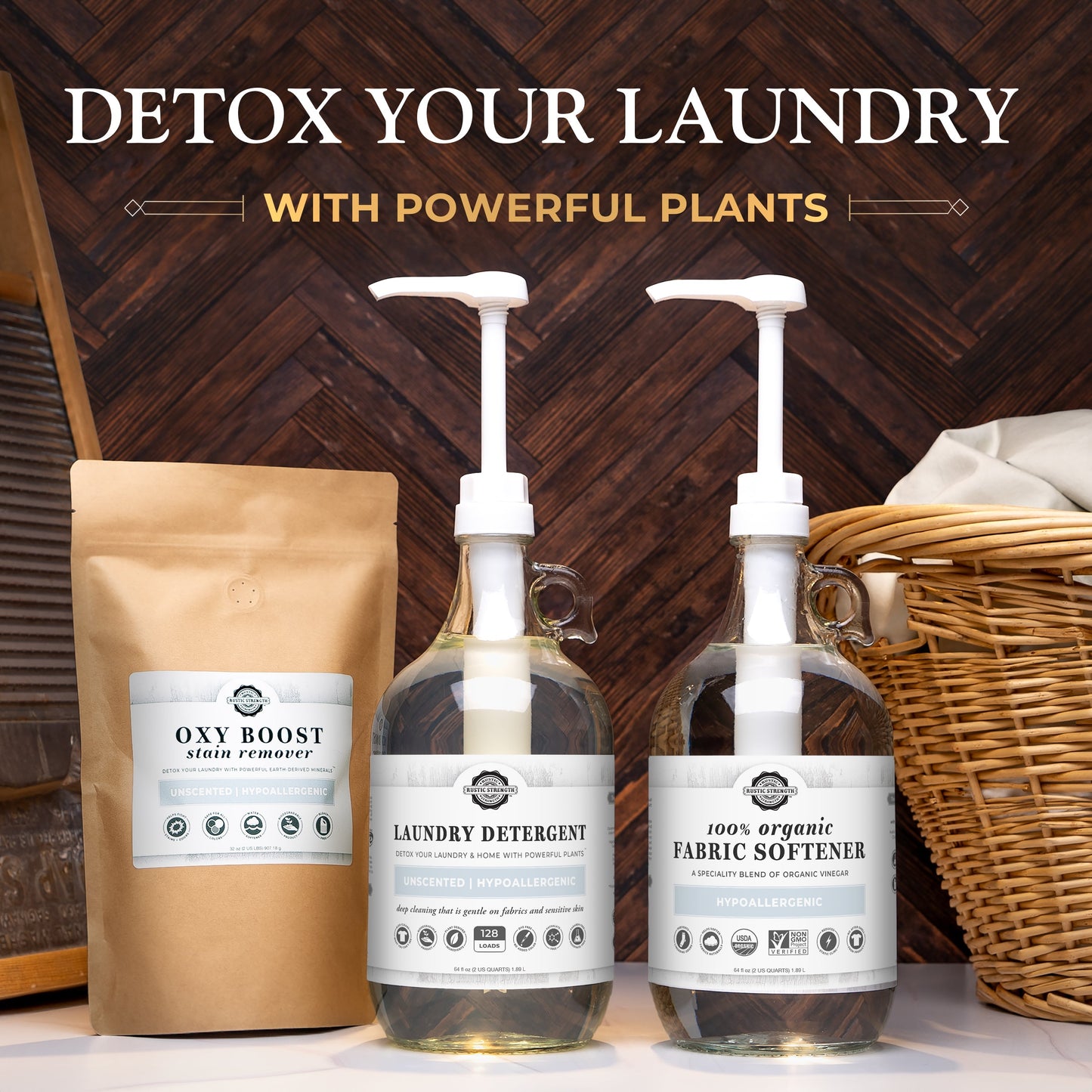 Rustic Strength laundry detergent in a 24 oz glass bottle, safe for mama and baby, gentle cleaning for delicate fabrics.
