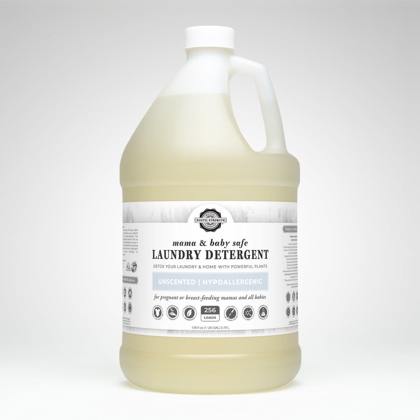 Rustic Strength laundry detergent in 24 oz glass bottle, safe for Mama and baby, gentle and effective for delicate laundry.