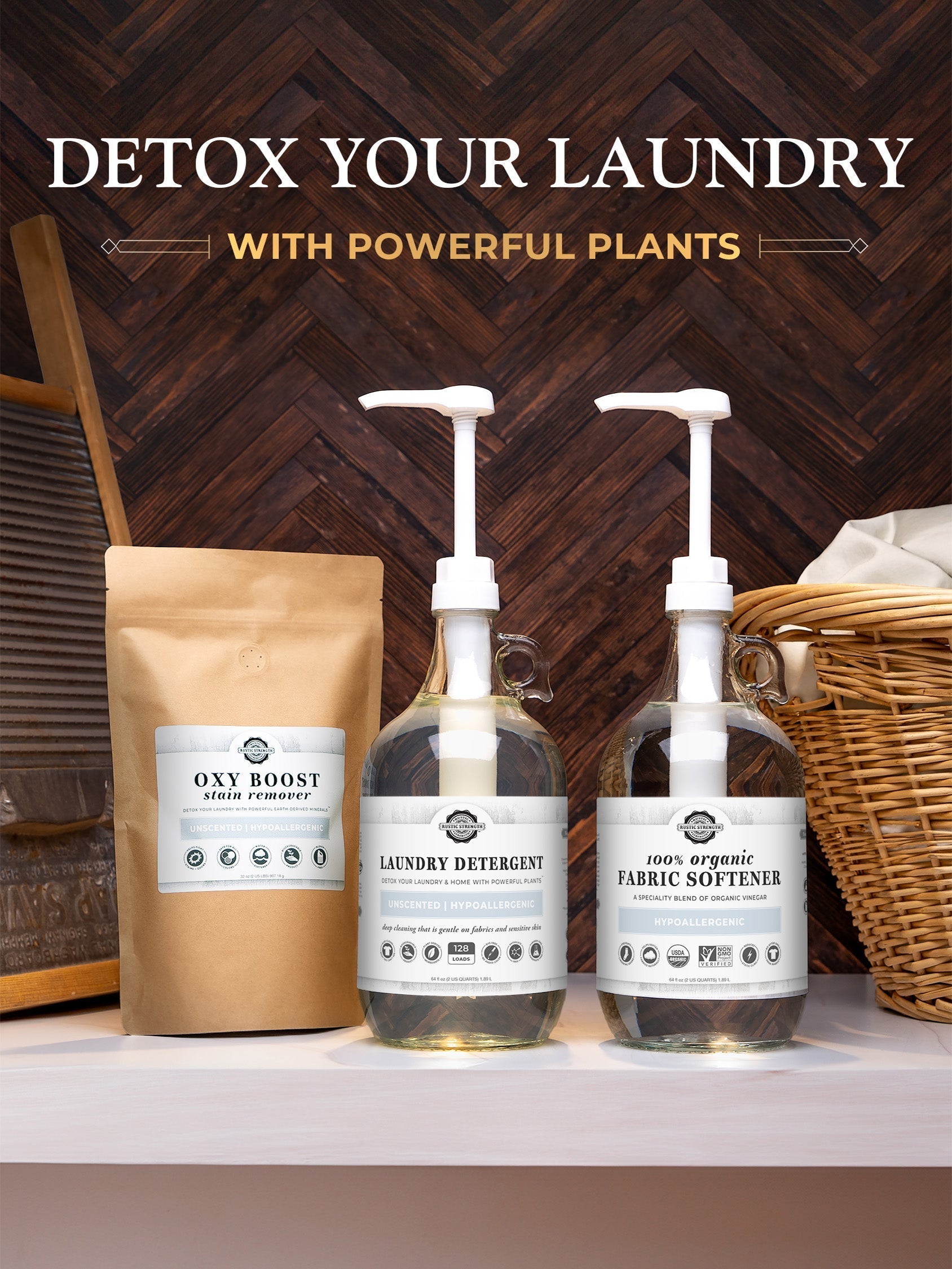 Rustic Strength unscented laundry detergent in a 24 oz glass bottle, showcasing a clear, natural cleaning product for laundry.