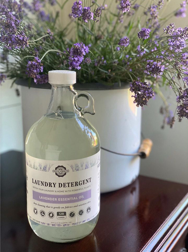 Rustic Strength unscented laundry detergent in a 24 oz glass bottle, showcasing the clear liquid inside.